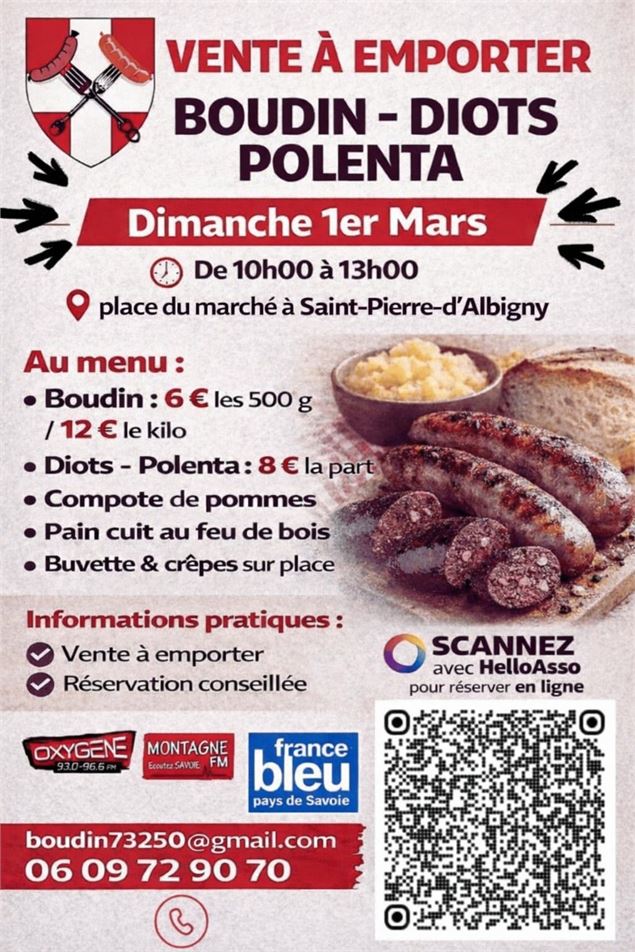 Vente à emporter de boudins - diots polenta