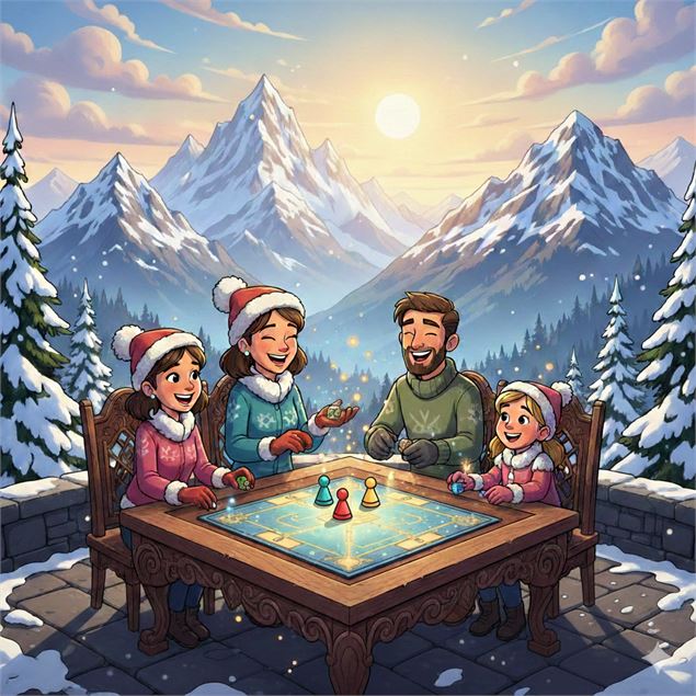 Famille jouant des jeux avec un décor enneigé - OTHMV