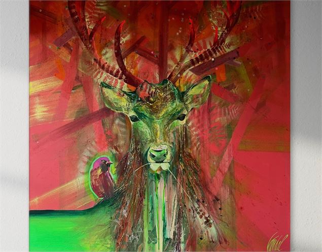 tableau cerf et oiseau peinture et collage - Hélène Vandelanoitte