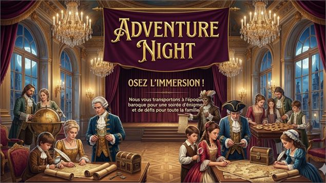 Affiche de la soirée représentant des personnages en tenues baroques qui jouent dans un décor de l'é