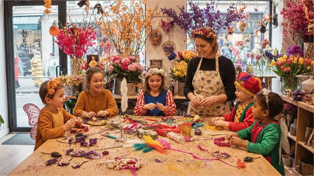 enfants dans un atelier fleurs pour carnaval - OT Rumilly Albanais