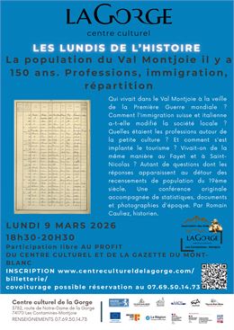 "Les lundis de l'histoire" : la population du Val Montjoie il y a 150 ans. Professions, immigration,