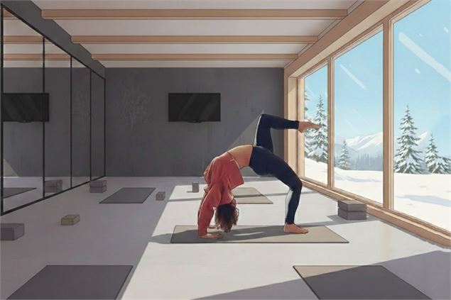 Une femme réalise un pont en équilibre sur une jambe au milieu d'une salle de yoga paisible. À trave