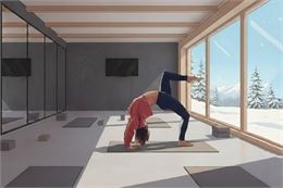 Une femme réalise un pont en équilibre sur une jambe au milieu d'une salle de yoga paisible. À trave