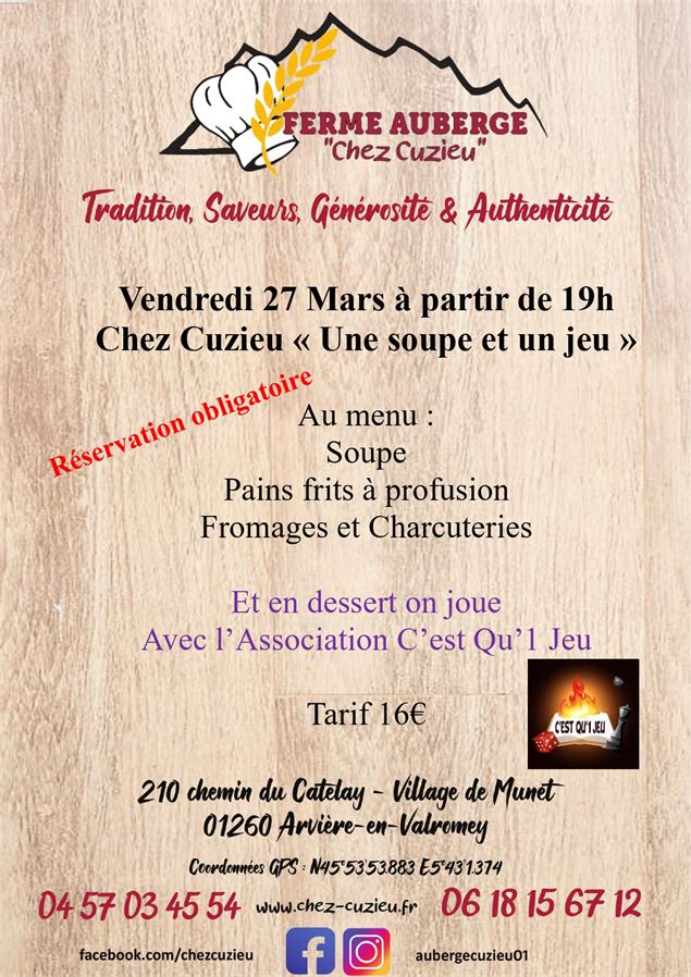 Annonce repas CHEZ CUZIEU Mars - Ferme Auberge 