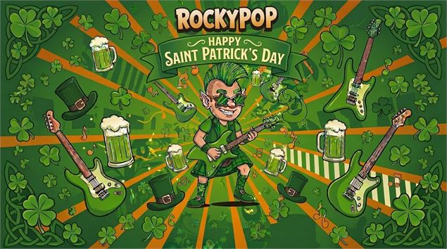 Rocky Pop, un musicien habillé en vert, joue de la guitare pour la Saint-Patrick. Autour de lui, des