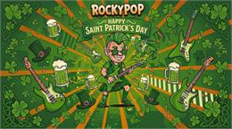 Rocky Pop, un musicien habillé en vert, joue de la guitare pour la Saint-Patrick. Autour de lui, des