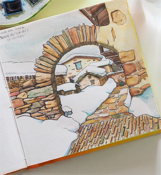 Aquarelle terminée d'un portique en pierre - destrucsbien