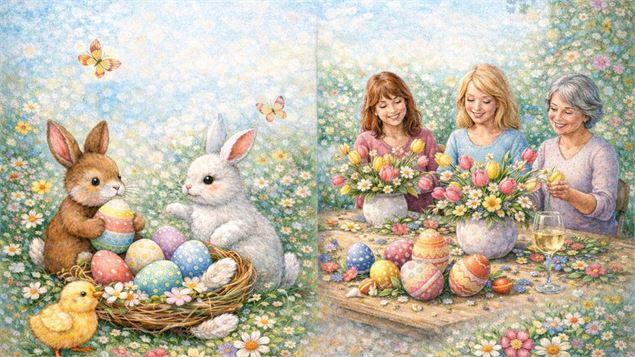 oeufs de paques, lapins, fleurs, 3 dames créant une couronne de fleurs - OT Rumilly Albanais