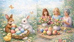 oeufs de paques, lapins, fleurs, 3 dames créant une couronne de fleurs - OT Rumilly Albanais