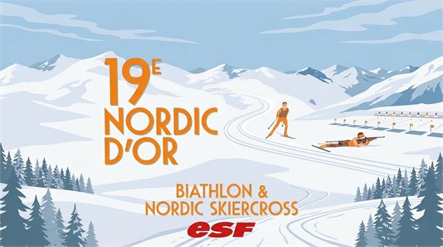 Affiche de compétition de ski nordique dans les tons bleu, blanc et orange - OT Flaine