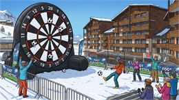 une grosse cible de fléchettes sur laquelle on tire des ballons de foot - Gemini AI