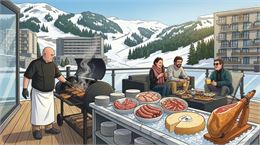 Un chef fait griller de la viande sur une terrasse face aux montagnes enneigées, entouré d'un buffet