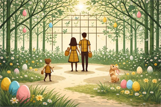 famille en pleine chasses aux oeufs dans une bambouseraie - OT Rumilly Albanais