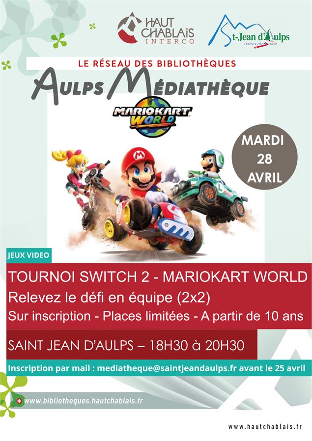 Retrouvez-nous pour un tournois mario kart le 28 avril à la médiathèque de Saint Jean d'Aulps de 18h