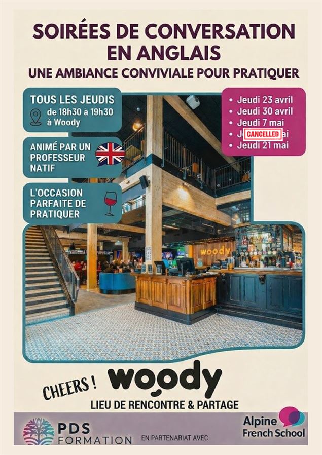 Soirée conversation en anglais jeudi 21 mai au Woody à St Jean d'Aulps. - Woody