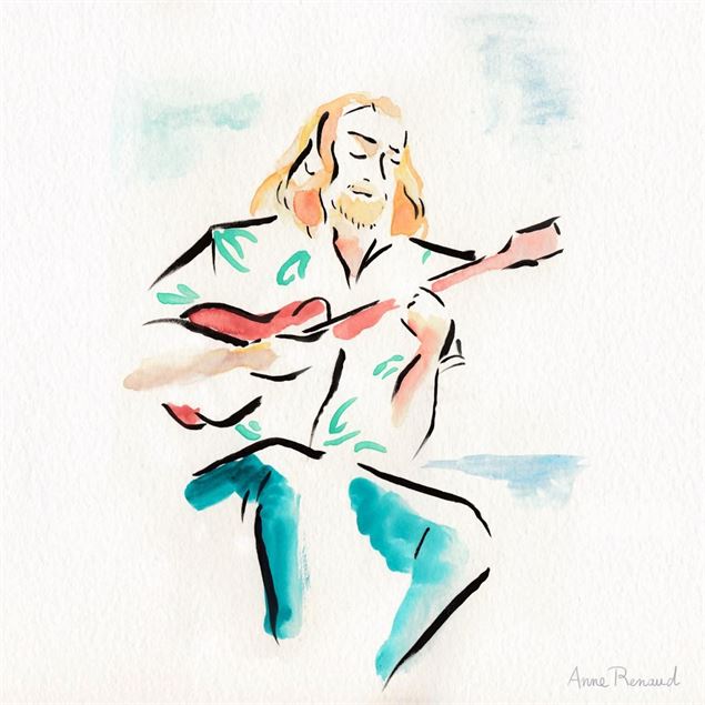 aquarelle d'un homme jouant du ukulele - A. Renaud
