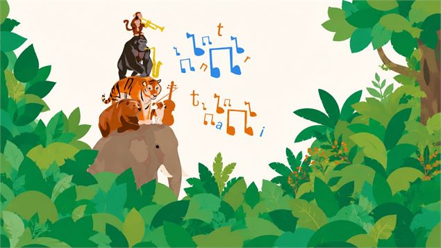 animaux les uns sur les autres avec des notes de musique qui sortent de leurs bouches - canva