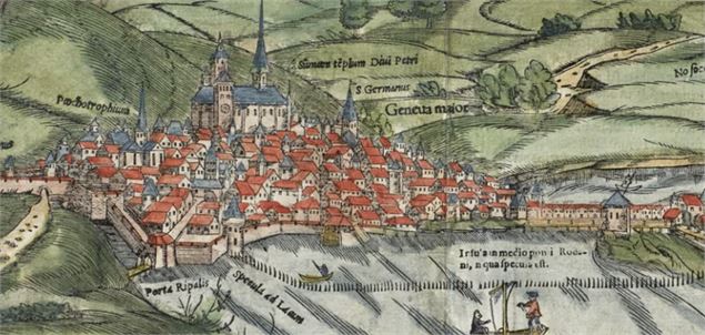 En Réforme pour toute la journée - Hans Rudolf Manuel Deutsch, Vue de Genève, gravure sur bois, 1548