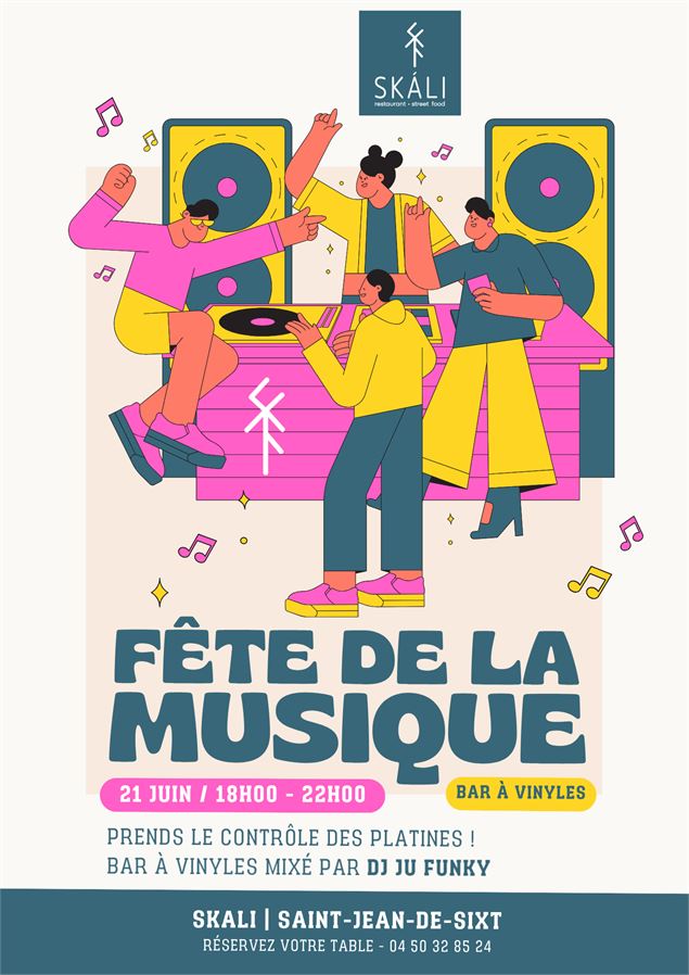 Affiche dessinée et colorée, 3 personnages dansent devant une table et enceintes de musique, il y a 