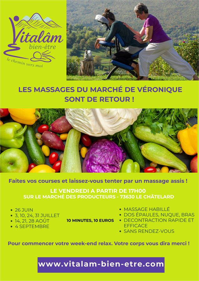 Affiche massages de Véronique au marché du Châtelard - Véronique Miège Vitalâm /Laure Bouchard