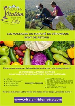 Affiche massages de Véronique au marché du Châtelard - Véronique Miège Vitalâm /Laure Bouchard