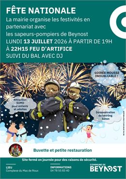 Fête nationale: feu d'artifice et soirée mousse - Mairie Beynost et sapeurs-pompiers de Beynost