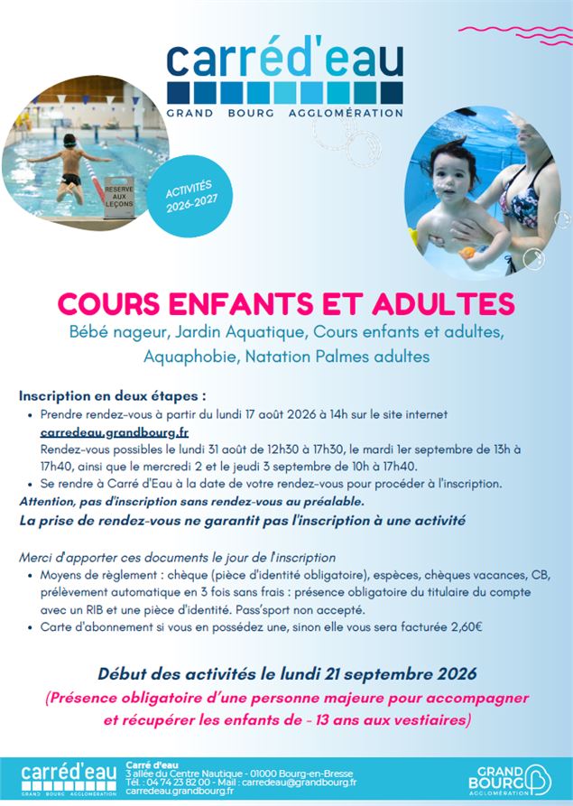 Flyer cours natation Carré d'eau. - Carré d'eau