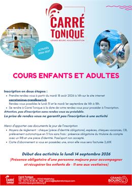 Ouverture de la prise de rendez-vous pour les inscriptions aux cours de natation à Carré Tonique