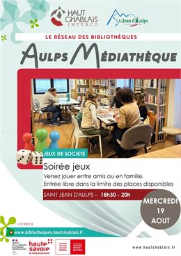 Soirée jeux de société à la Médiathèque de Saint Jean d'Aulps mercredi 19 août de 18h30 à 20h. - Aul
