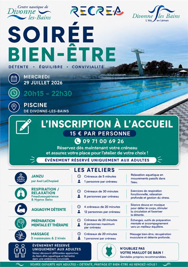 Soirée Bien-être - © 2026 Centre nautique de Divonne-les-Bains – Tous droits réservés