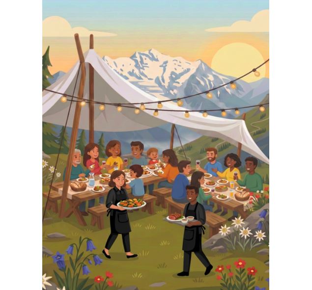 familles qui mangent face au mont blanc