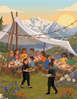 familles qui mangent face au mont blanc
