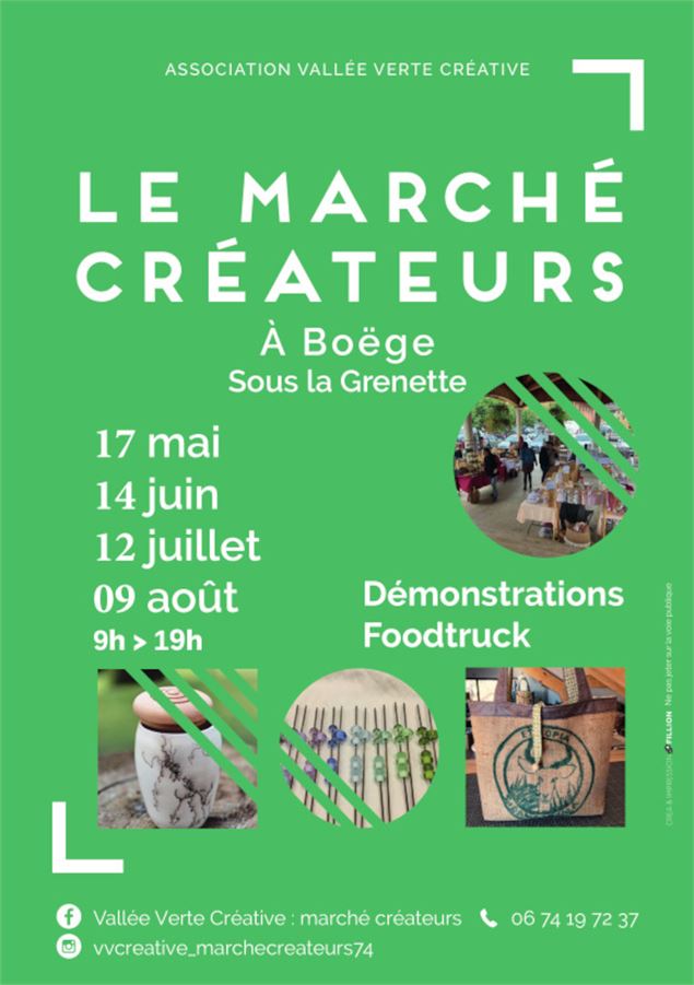 Flyer du Marché Créateurs avec dates, horaires, photos, contact et animations - Vallée Verte Créativ