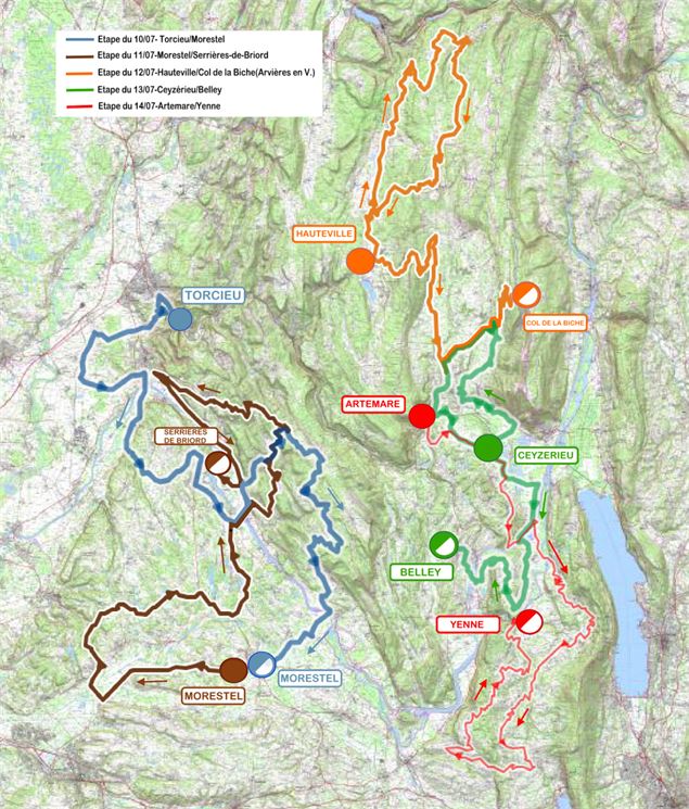 Carte des 5 étapes de l'Ain Bugey Valromey Tour 2025 - 37e édition_Belley - Ain Bugey Valromey Tour