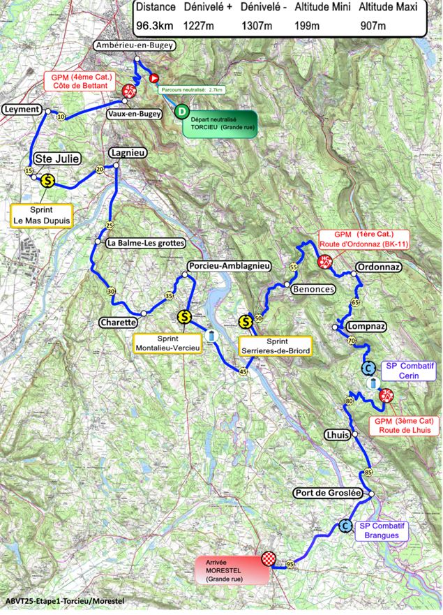 Tracé de l'étape 1 entre Torcieu et Morestel - Ain Bugey Valromey Tour 2025 - 37e édition_Belley - A