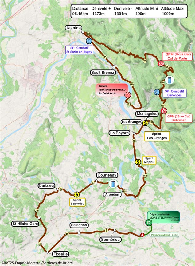 Tracé de l'étape 2 entre Morestel et Serrières de Briord - Ain Bugey Valromey Tour 2025 - 37e éditio