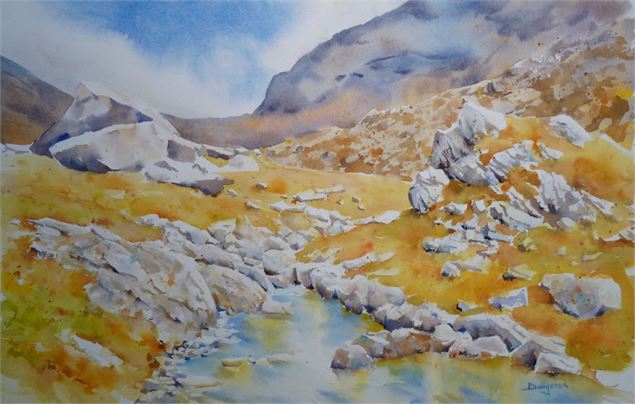 Aquarelle - lac et rochers en montagne - Jacques Daugeron