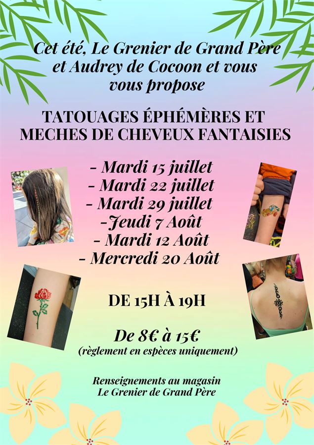 Tatouages éphémères à paillettes et mèches de cheveux fantaisies au Grenier de Grand Père_Le Corbier