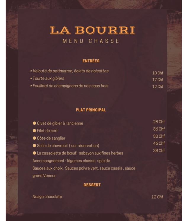 Menu chasse à La Bourri_Torgon