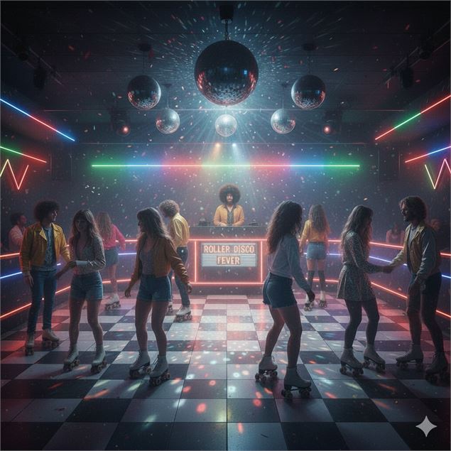 Vue élargie de la soirée Roller Disco en intérieur - Gemini AI