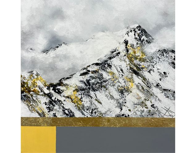 tableau montagne enneigée tons or et gris - Thérèse Sénée