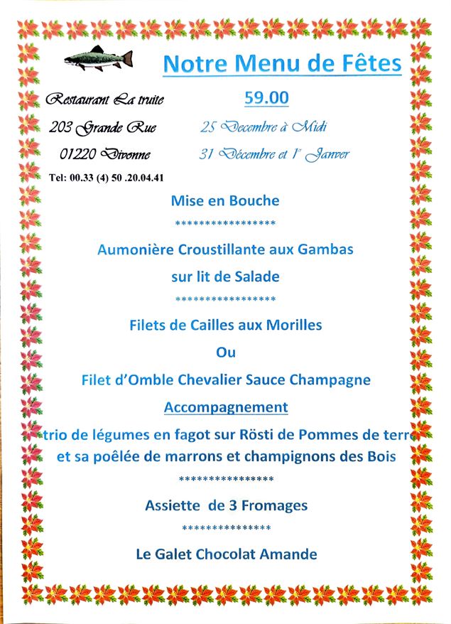 Menu de fêtes au restaurant La Truite - La Truite