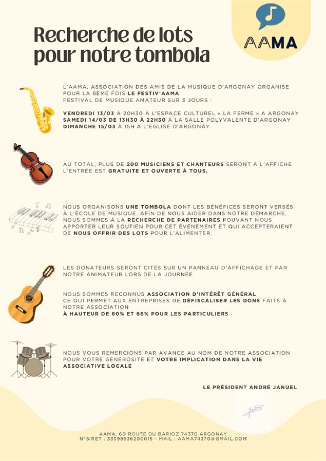 Tombola - recherche de lots - Association des Amis de la Musique d'Argonay
