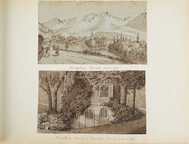 Dessins de Marie-Henriette Passy : Clarafont - Marlios, source d'Esculpape (1871) - Solenne Paul - M
