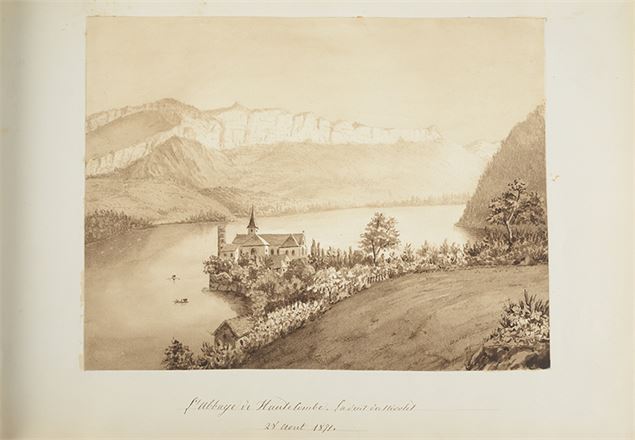 Dessin de Marie-Henriette Passy : abbaye de Hautecombe et dent du Nicolet (1871) - Solenne Paul - Mu