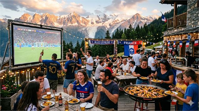 Le public mange de la paëlla pendant la retransmission d'un match en terrasse - Cardon