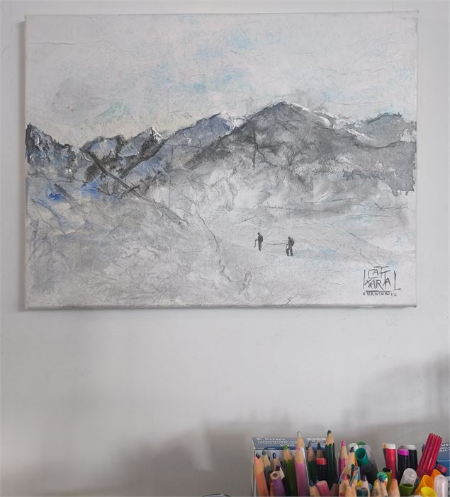 Paysage de montagne en papier de soie, encre et lavis acrylique 2
