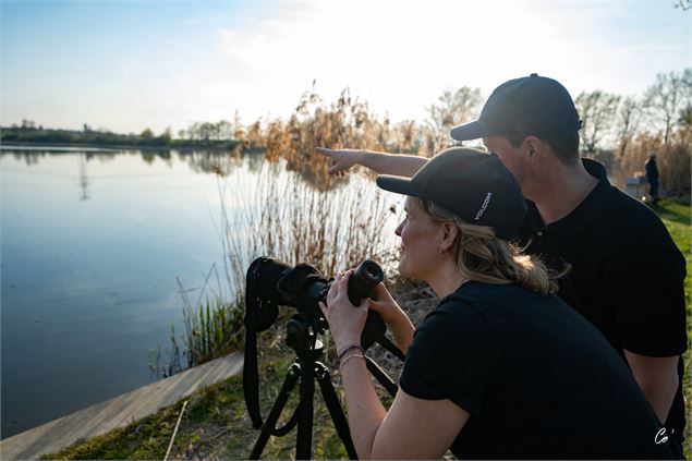 Un homme et une femme regardent les oiseaux à la longue vue - Corinne Bertrand