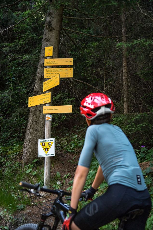 Vttiste devant un panneau directionnel sur le parcours des sarrazins - A Pernet